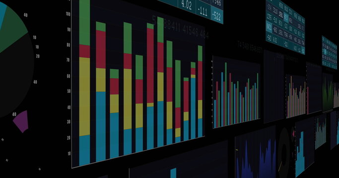 Colorful bar graphs and charts displayed on multiple screens