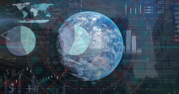 Digital representation of Earth with data visualizations and charts