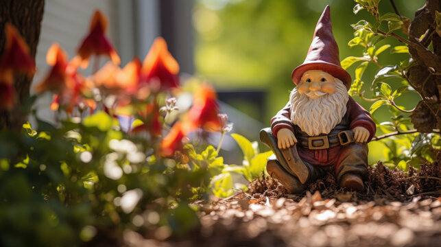 A cute garden gnome amongst the plants and flowers. Close-up. Banner, poster, background. With copy space. Gardening and landscape design.