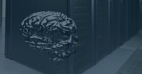 Digital brain illustration overlays server racks in data center