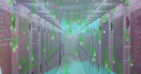 Rows of servers in data center with green binary code overlay