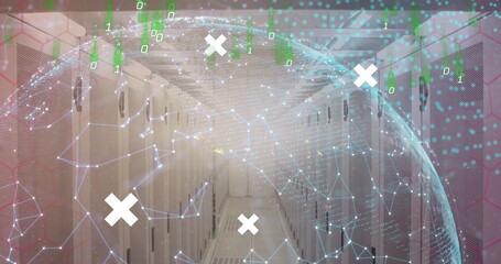 Rows of servers in data center with digital graphics overlaying scene