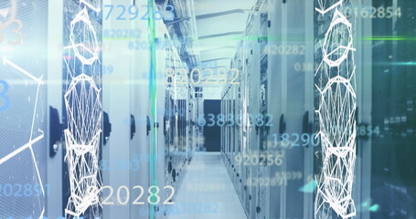 Rows of servers in data center with digital overlays representing cloud computing