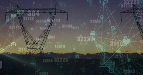 Image of digital network icons overlaying power lines at dusk under serene starry sky