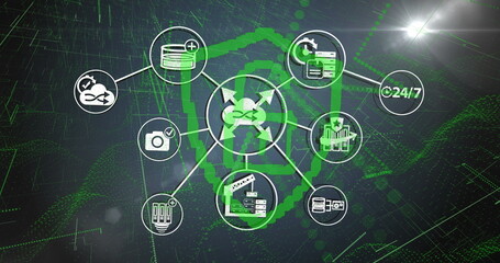 Digital network diagram displaying interconnected icons related to technology and data