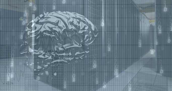 Digital brain graphic overlaying rows of servers in data center