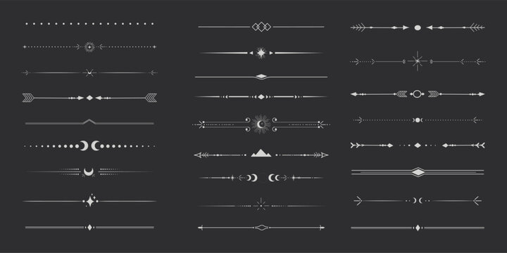 Silver celestial divider thin line border decoration. Collection tribal with moon, stars and arrows mystical separators. Modern ornament minimal set isolated on dark background.