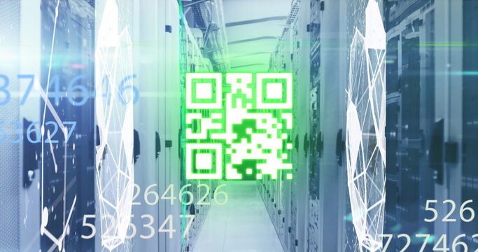 Green background QR code floating in front of server racks in data center