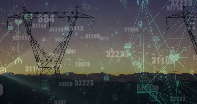 Image of digital network icons overlaying power lines at dusk under serene starry sky