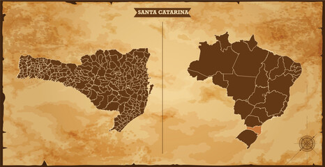 Santa Catarina state map, Brazil map with federal states in A vintage map based background, Political Brazil Map