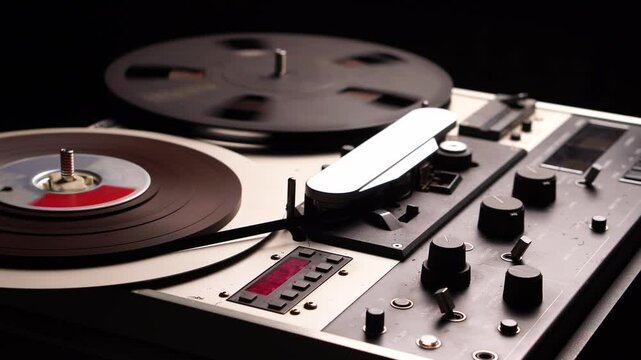 Professional Magnetophone and Spinning Reel-to-Reel Audio Tape, Playback or Recording, Close Up