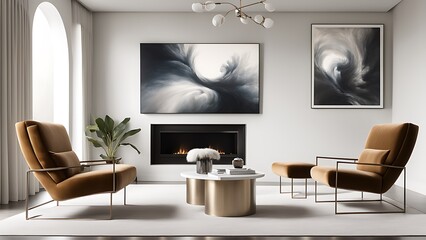  Mockup of a TV wall mounted with an armchair in the living room with a white wall design. 