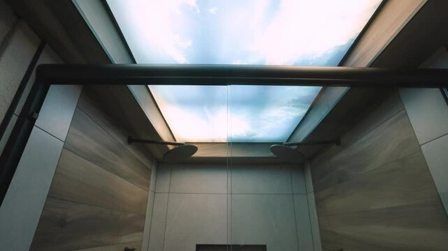 Low angle view of skylight in bathroom.