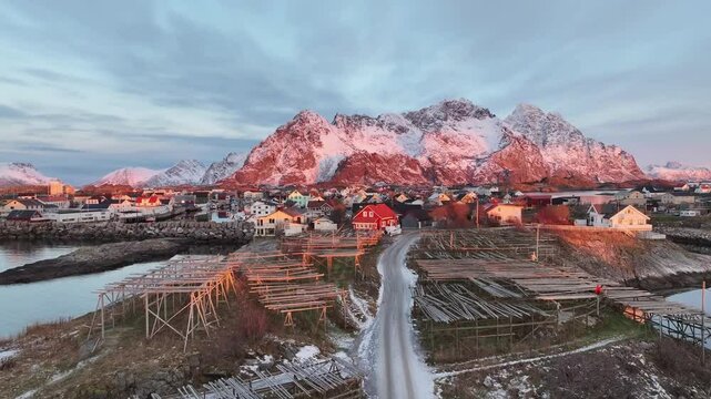 Aerial view of Lofoten Islands beautiful landscape during winter