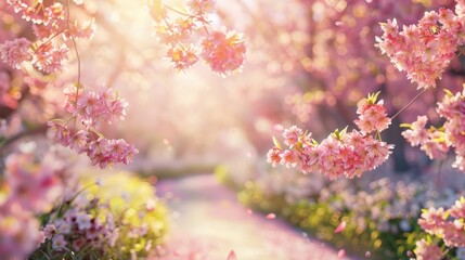 Fototapeta premium Serene pathway surrounded by pink sakura blossoms in full bloom during springtime