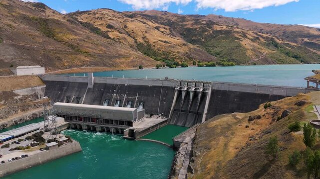 New Zealand hydroelectric Clyde dam built on Clutha River. Aerial view