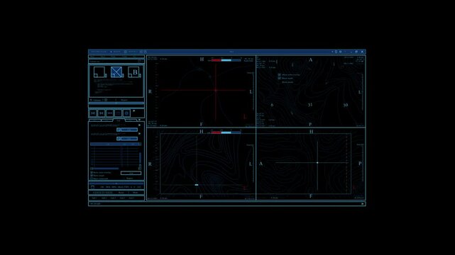 Hud interface display showing futuristic data with geo map and symbols. Computer graphic vfx
