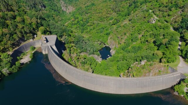 Aerial View Of Encoro de Albarellos In Rio Avia Lake, Ribadavia, Ourense Province, Galicia, Spain.
