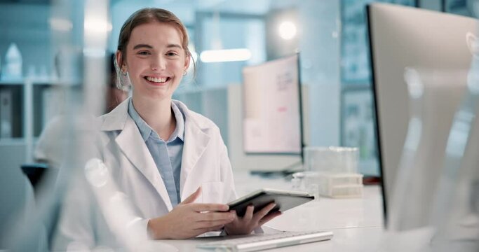 Face, scientist and woman with tablet in laboratory for medical research, solution data or analysis. Healthcare, night and female worker with digital for biotechnology, scroll or typing results