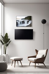  Mockup of a TV wall mounted with an armchair in the living room with a white wall design. 