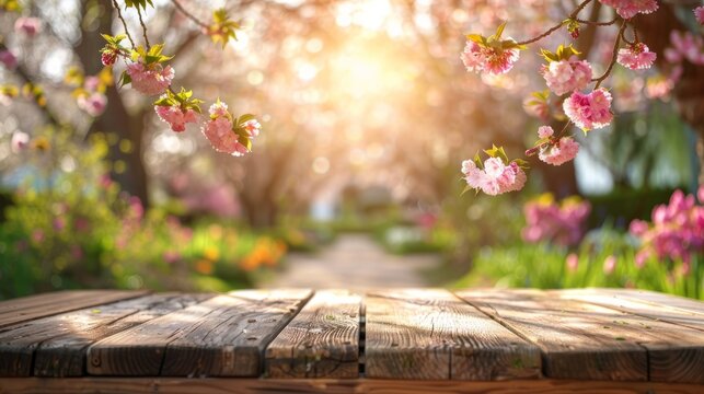 Spring table setting with blooming trees and defocused sunny garden background, ideal for seasonal outdoor celebrations and garden party themes