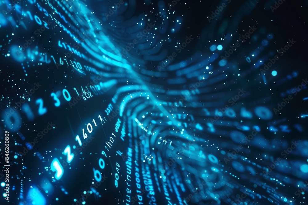 Poster Digital data stream of blue numbers and code flowing in the dark space, abstract background for technology or digital information concept with binary number on black screen