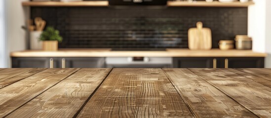 Enhancing Visual Presentation: Wood Tabletop Against Blurred Kitchen Counter for Product Showcase or Design Inspiration