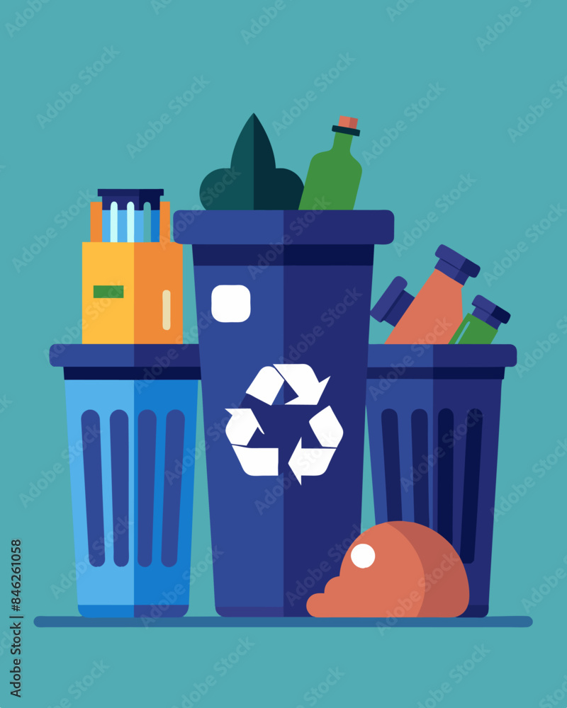 Poster trash cans marked for recycling are filled with regular garbage showing the disregard for environmen