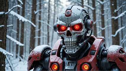 Fototapeta premium Robotic Skull in Snowy Forest.