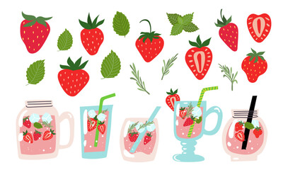 Summer strawberry lemonade set vector illustration. A collection of beverages with berries, mint, and rosemary