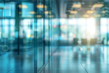 Blurred modern office interior with glass walls and panoramic windows, creating an open space concept background. Blurry business room for presentation or meeting in a corporate 