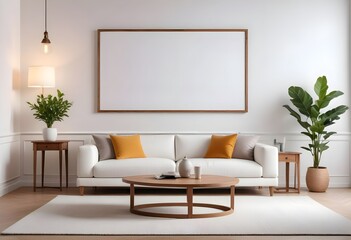 Interior living room with sofa and photo frame. 3D rendering
