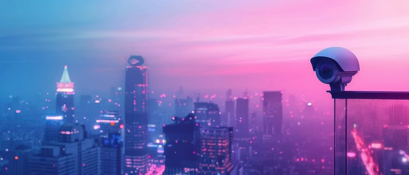 Advanced surveillance CCTV system with sleek, modern cameras in a smart cityscape
