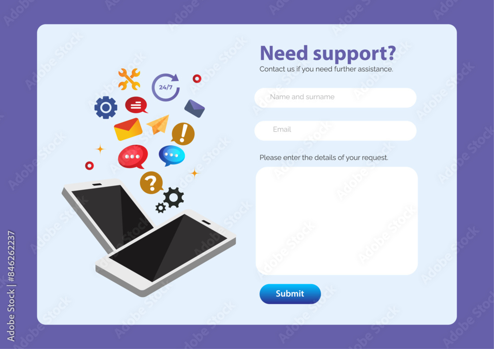 Wall mural modern contact form for website page. gradient blue background. vector