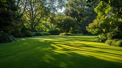Fototapeta premium Well maintained lawn and private gardens seen after the large lawn area was cut a large stock of trees and bushes are visible