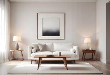 Interior living room with sofa and photo frame. 3D rendering