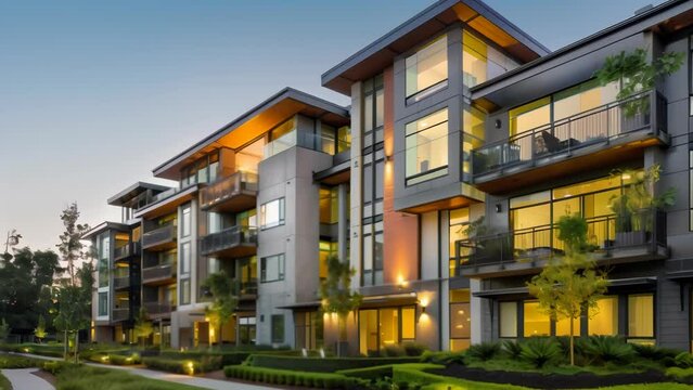 Modern apartment complex with sleek design and large windows, illuminated at sunset. The buildings are surrounded by well-maintained greenery and pathways. 