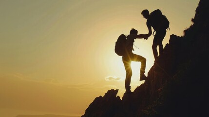 Silhouette Two Male hikers climbing up mountain cliff and one of them giving helping hand. People helping and, team work concept