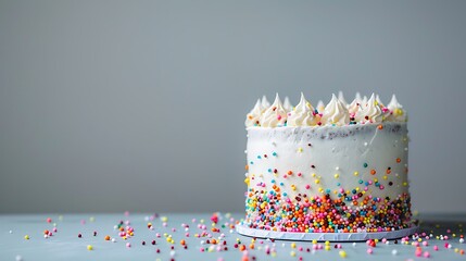 White birthday cake with colorful sprinkles over a neutral gray background