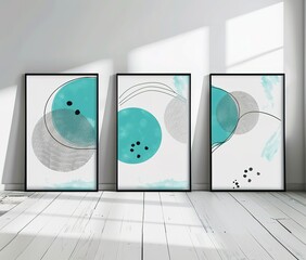 3 posters with frames on the floor in an empty room