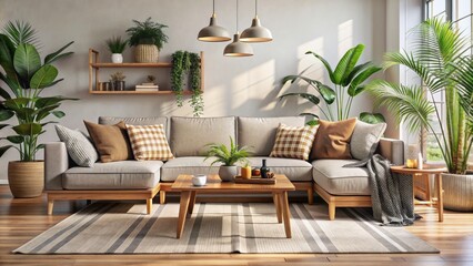Modern Open Space With Modular Sofa, Wooden Coffee Tables, Plaid Pillows, Tropical Plants, And Elegant Personal Accessories In A Neutral Living Room.