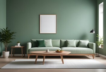 Interior living room with sofa and photo frame. 3D rendering