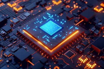 a circuit board with orange and blue glowing lines and numbers floating above it.