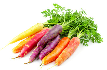 Tasty carrot with leaves and water drops on white background. Rainbow vegetable. Harvest concept