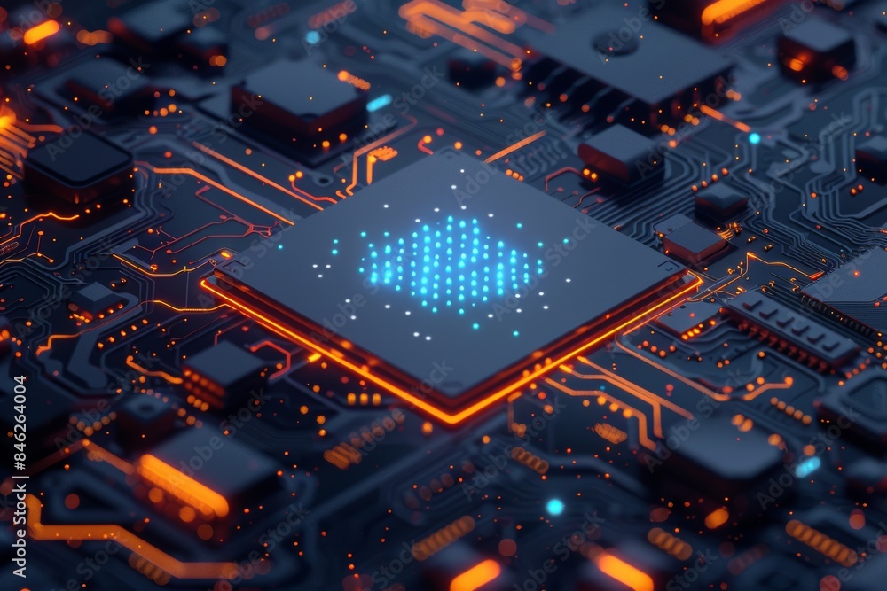 Poster a circuit board with orange and blue glowing lines and numbers floating above it.