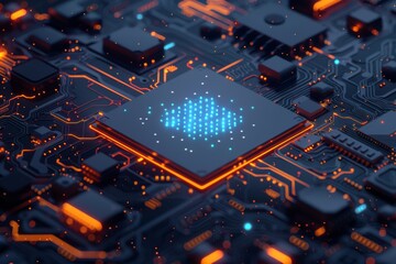 a circuit board with orange and blue glowing lines and numbers floating above it.