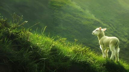 White lamb gazes on lush green hillside - Powered by Adobe