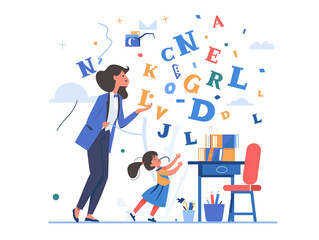 Woman teacher and kid are catching alphabets.