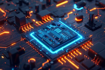 a circuit board with orange and blue glowing lines and numbers floating above it.