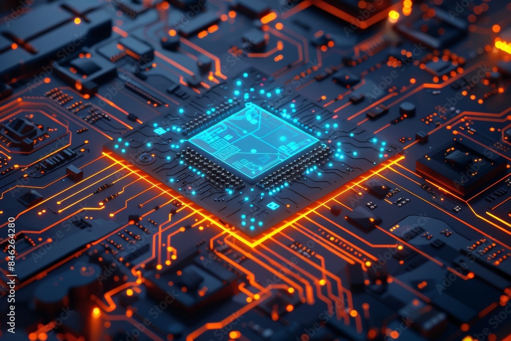Aufkleber a circuit board with orange and blue glowing lines and numbers floating above it.
